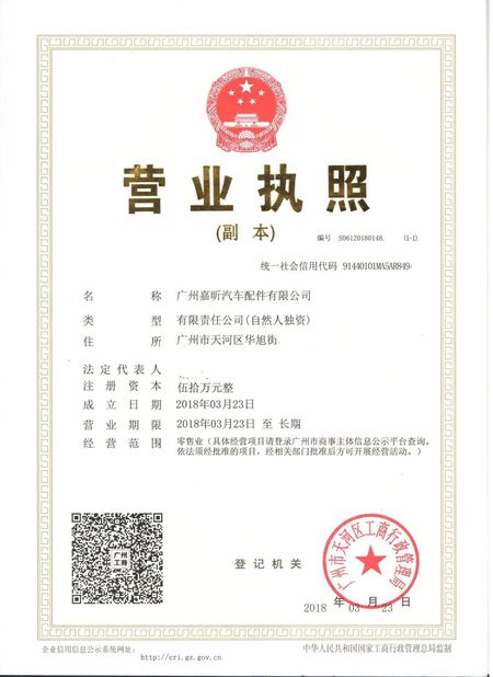 China Guangzhou Jiaxin Auto Parts Ltd. Certification
